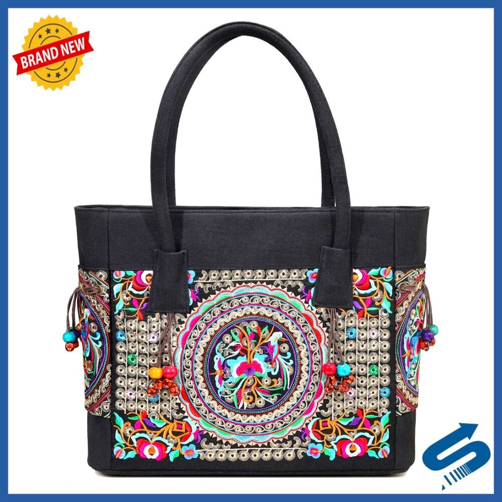 Large Embroidered Canvas Tote Bag with Zipper Handmade Vintage Shoulder Bag